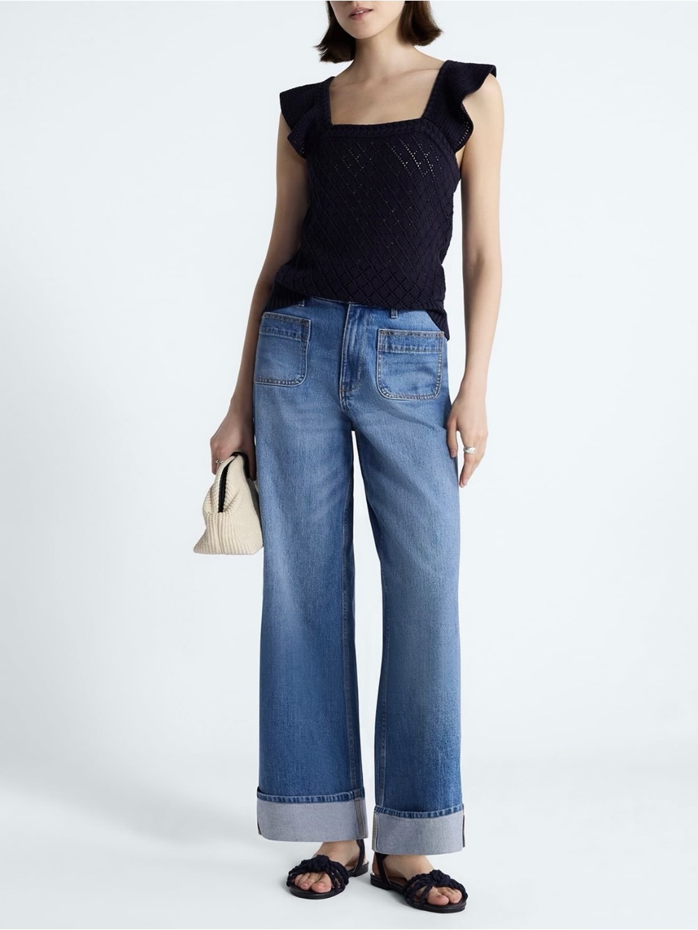 High Rise Patch Pocket Cuffed Jeans, 26" Inseam